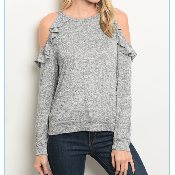 Cold Shoulder Grey Marled Ruffle Top - Picture 2 of 7